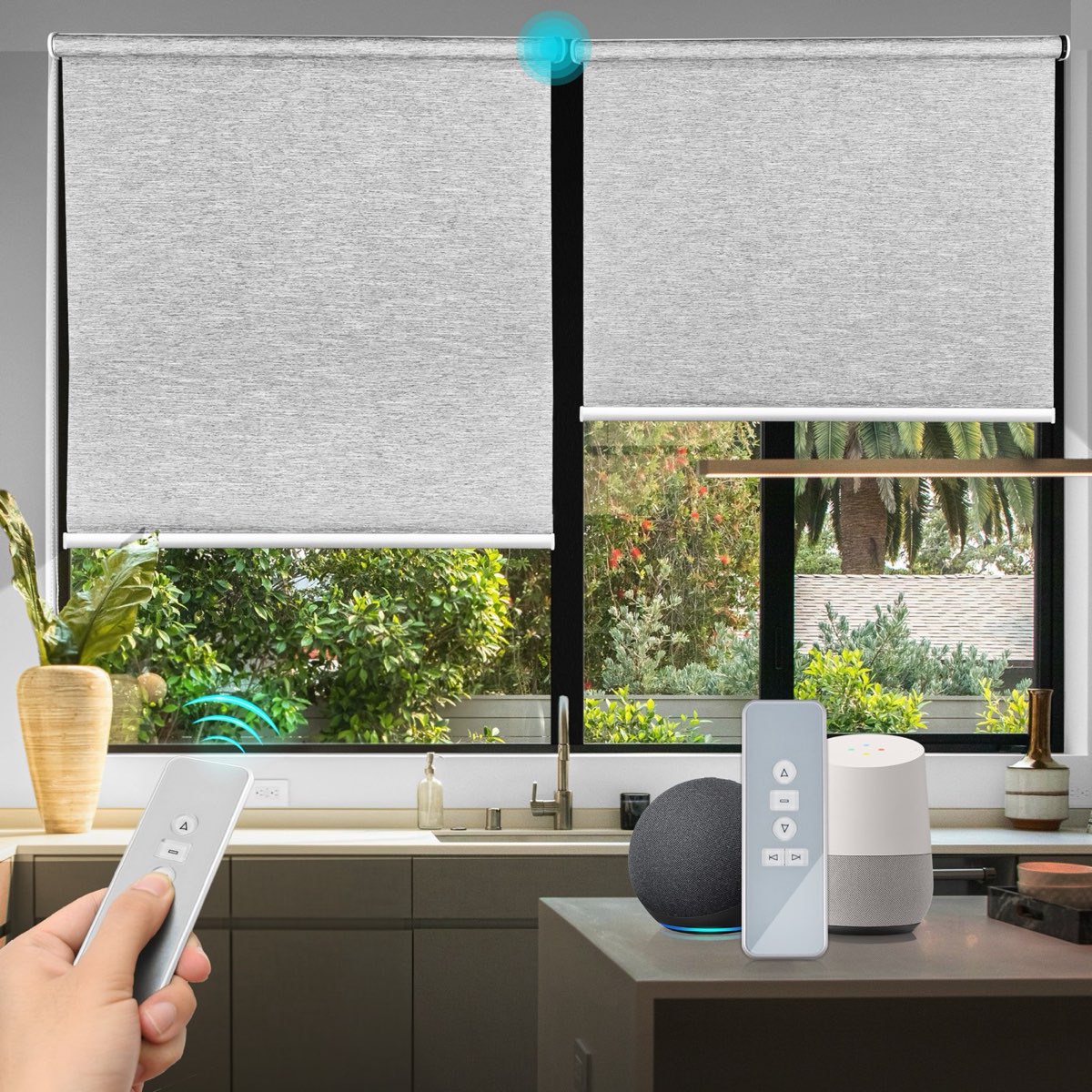 Motorized shades on a large residential window, installed by Shadesmen
