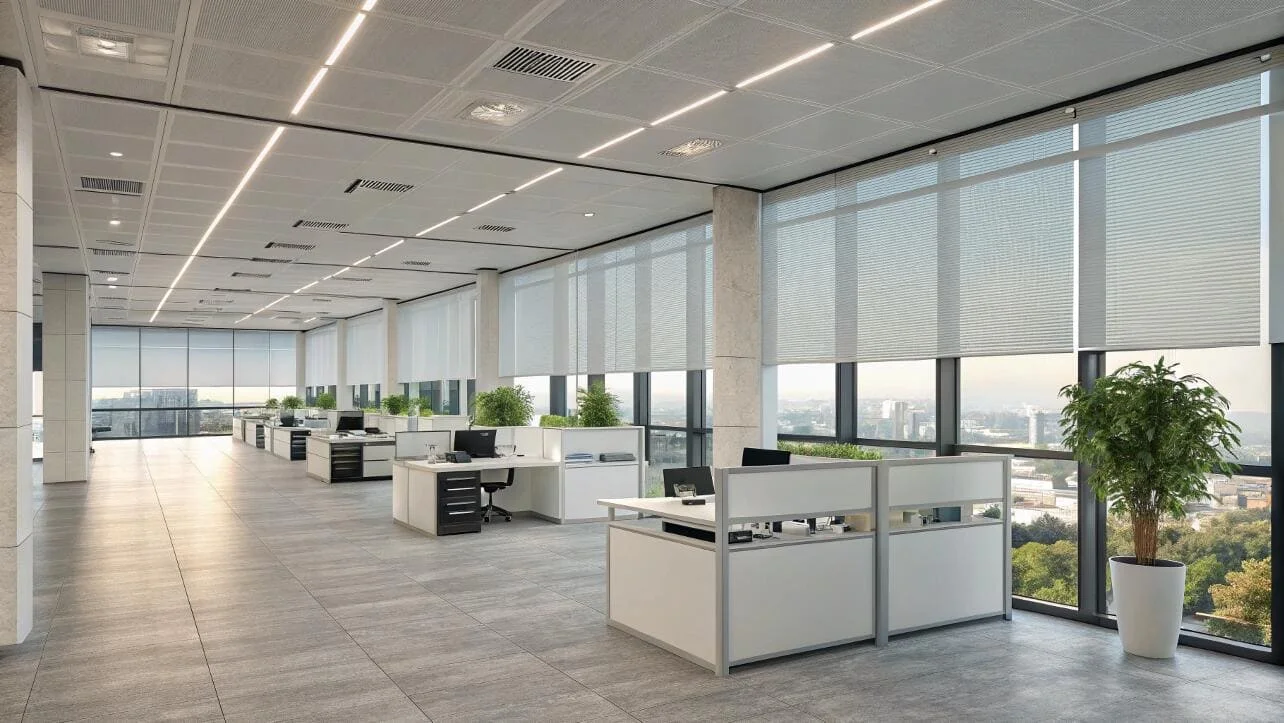 Solar shades fitted across an office window wall in the Greater Toronto Area