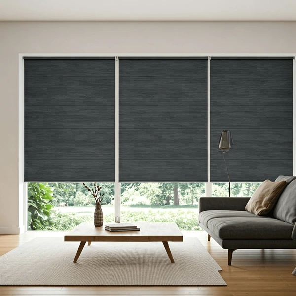 Blackout roller shades installed in a Toronto living room by Shadesmen